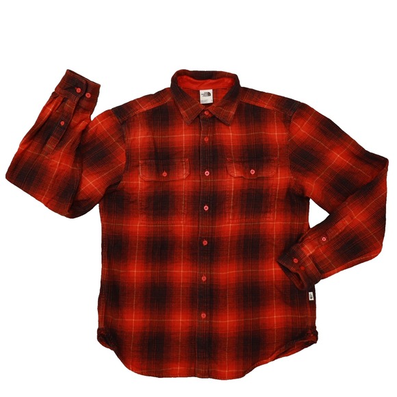 The North Face Flannel Shirt Plaid Orange Brown Men's Medium Heavyweight Outdoor - Picture 1 of 8